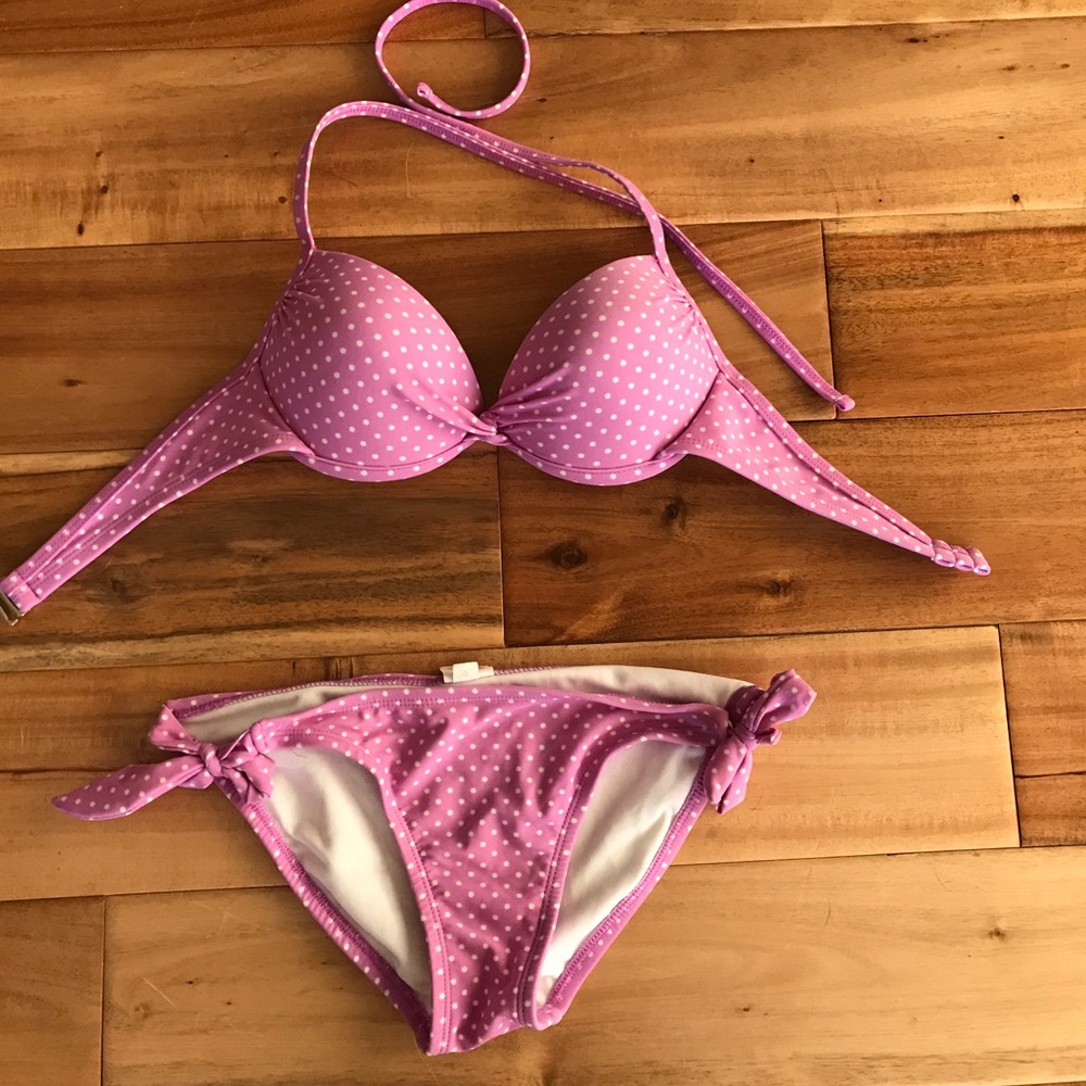 Purple and white polka dot bikini